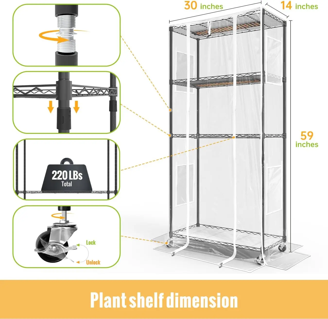 Indoor Greenhouse with Grow Light and Shelves - 4 Tier Plant Stand with Grow Light, Zippered PVC Cover and 3 Dimmable 1.8FT