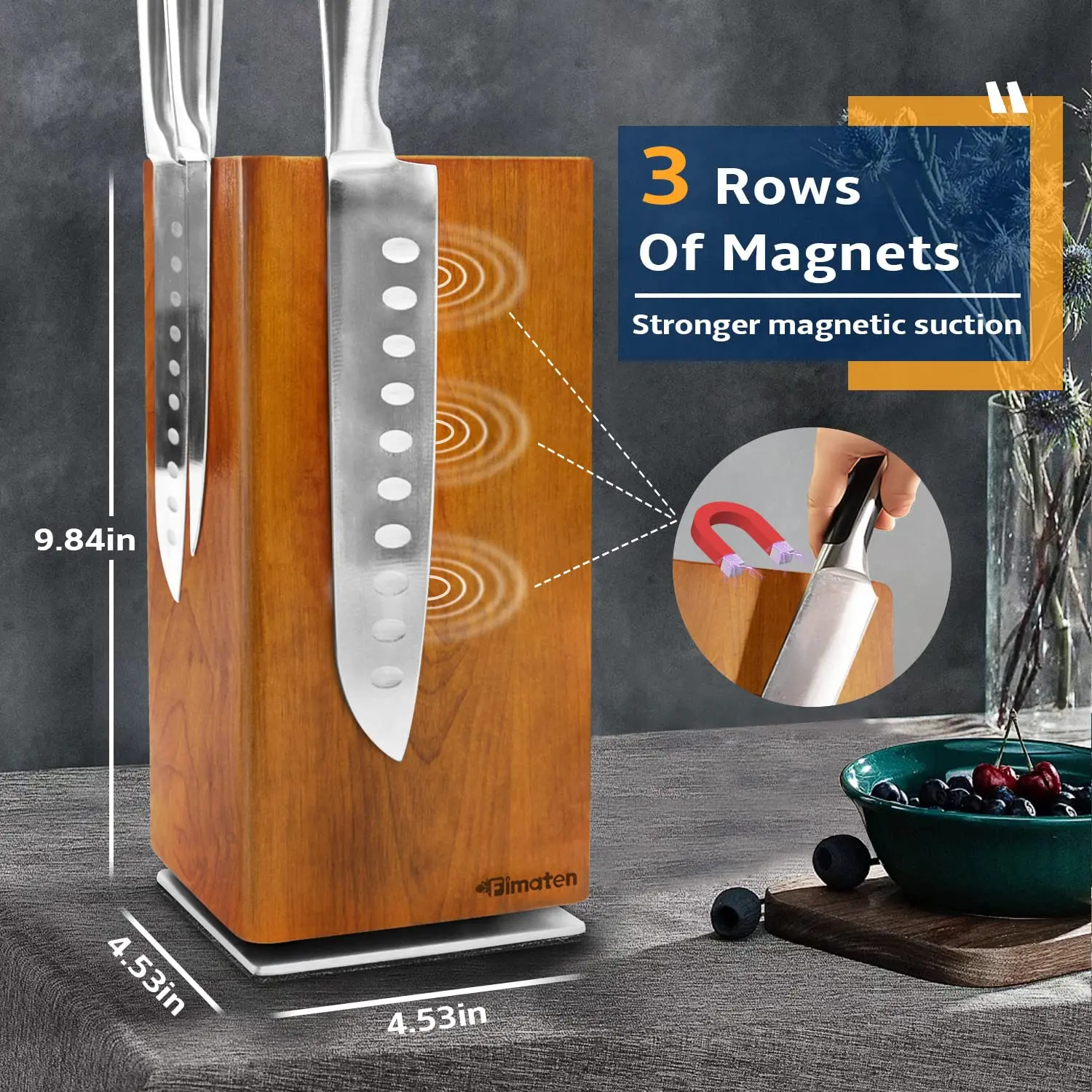 Dmore Magnetic Knife Block Without Knives, Extra Strong Magnet Knife  Holder, 360° Rotatable Acacia Wood Magnetic Knife Stand, Extra Large Knife