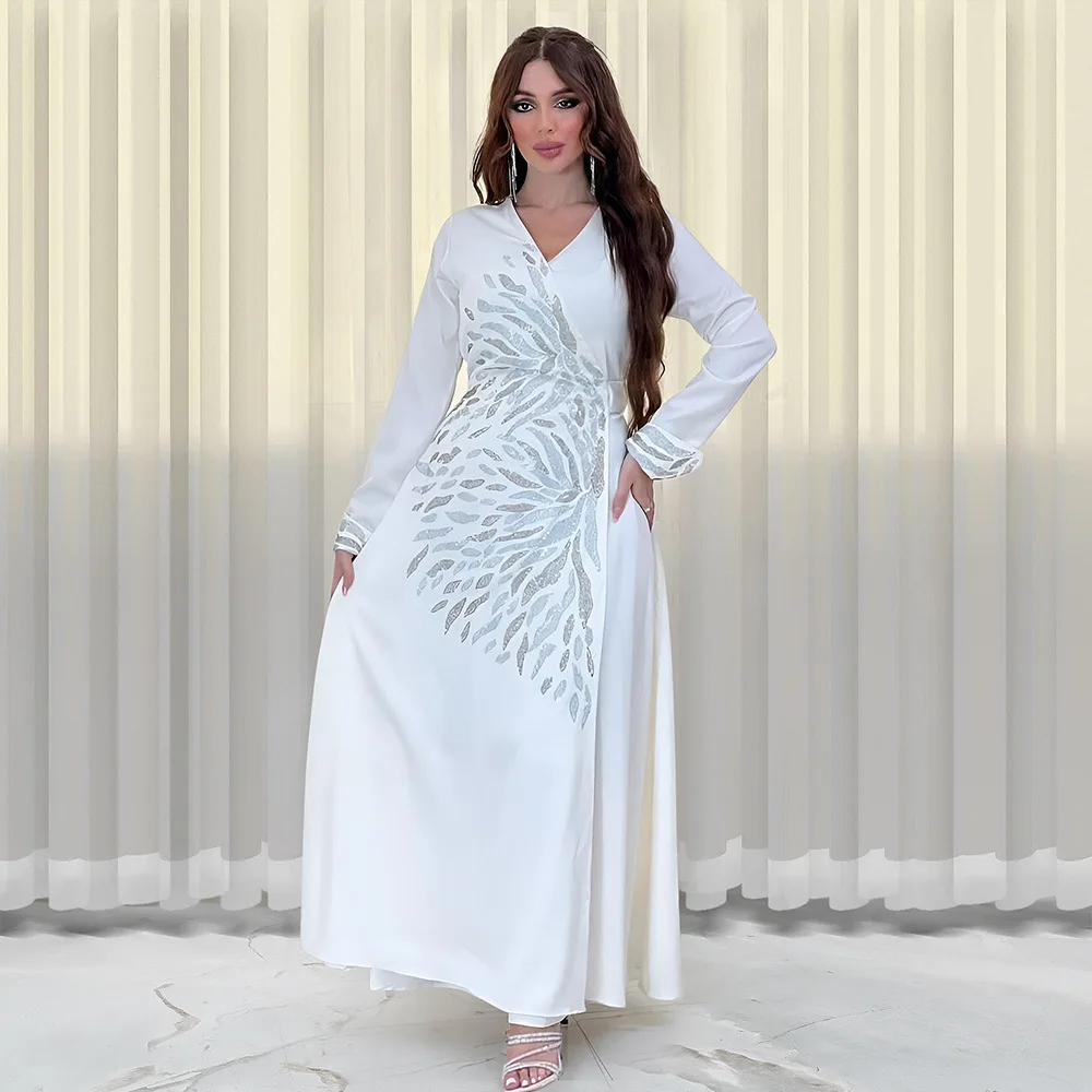 

Diamonds Satin Abaya Eid Ramadan Party Kimono Wrap Dress Bandage Kaftan Muslim Women Evening Dubai Turkey Robe Jalabiya Caftan