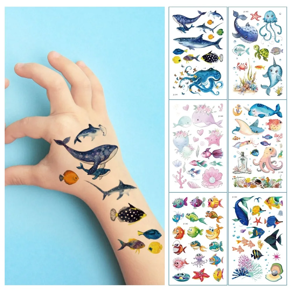 Tattoo Sticker Temporary Tattoos Disposable Temporary Tattoo For Kids Cartoon Dolphins Whales Marine Fish Watercolor Waterproof Fake Tattoo Stickers Cute