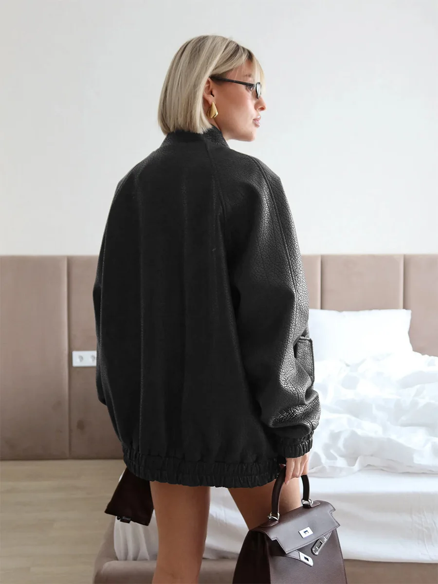 Bornladies New Women's Stand Collar Zip Up Faux Leather Jacket Oversized Fit Long Sleeve Autumn Comfort Jackets