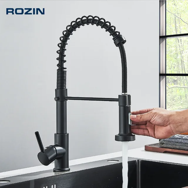 Rozin Matte Black Kitchen Faucet Deck Mounted Mixer Tap 360 Degree Rotation Stream Sprayer Nozzle Kitchen Sink Hot Cold Taps 1