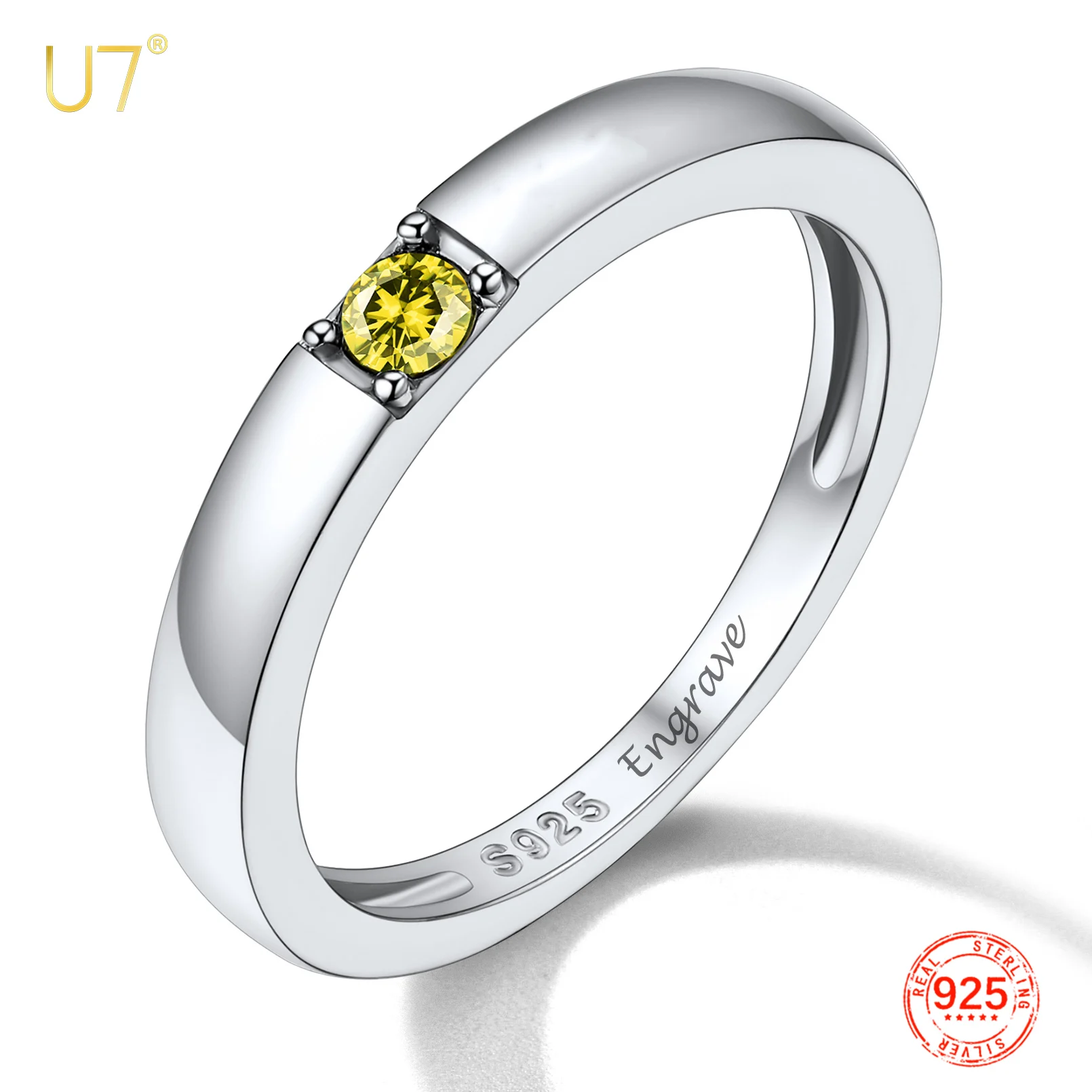 

U7 925 Silver Birthstone Rings for Woman Man Gold Color Laser Engrave Name Custom Unisex Wedding Engagement Birthday Gift