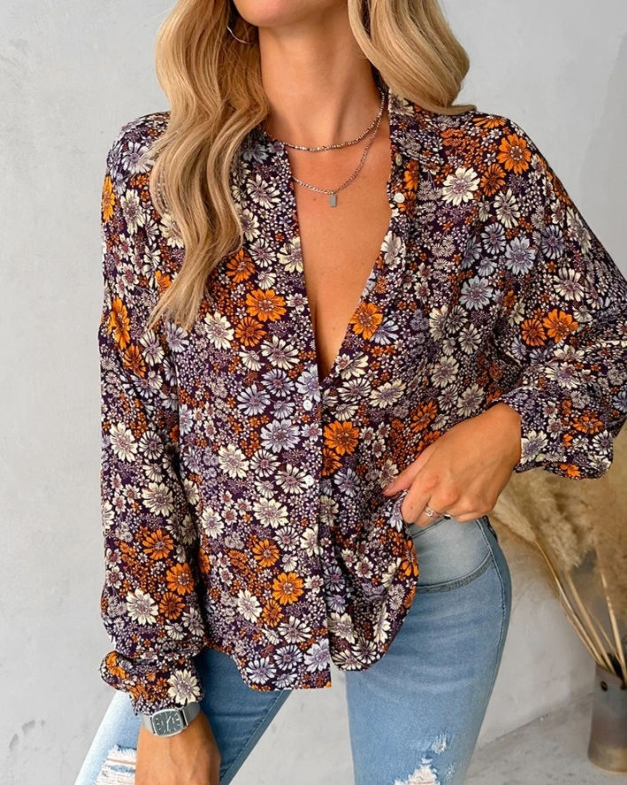 mini dresses ditsy floral sweetheart collar puff sleeve mini dress in blue size s Women Shirt 2024 Spring Summer V Neck Ditsy Floral Print Single-Breasted Button Long Sleeve Top Loose Shirt Office Lady Tops
