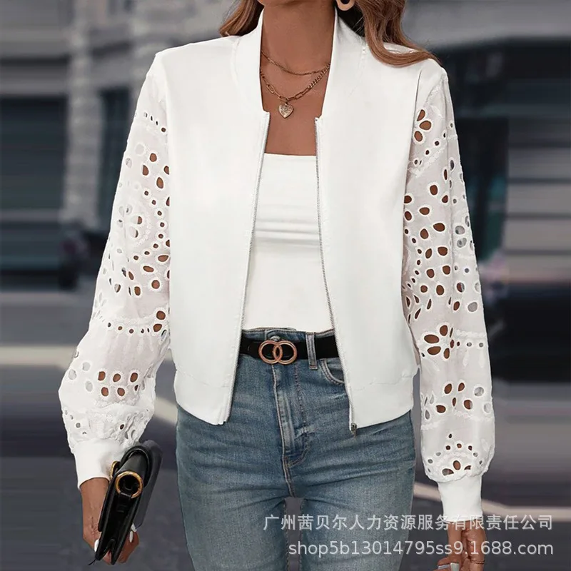 

Baseball Collar Eyelet Embroidery Zipper Design Jacket Women Hollow Out Fashion Casual Solid Color Autumn Jackets Coat