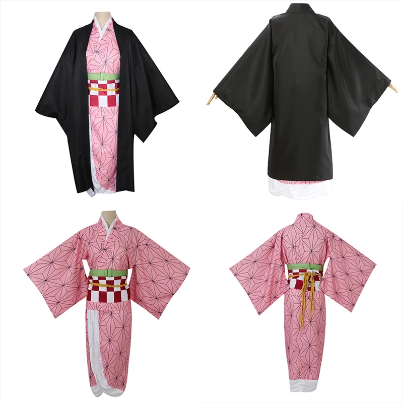Anime Kamado Nezuko Cosplay Costume Demon Slayer Cosplay Uniform Clothes Kimono Wig Props Set Halloween Costume Kids Adult