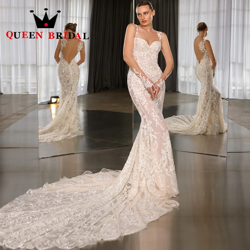 

Sexy Backless Mermaid 2023 New Wedding Dresses Sequined Beading Pearls Sleeveless Bridal Gowns Vestido De Noiva Custom D67X