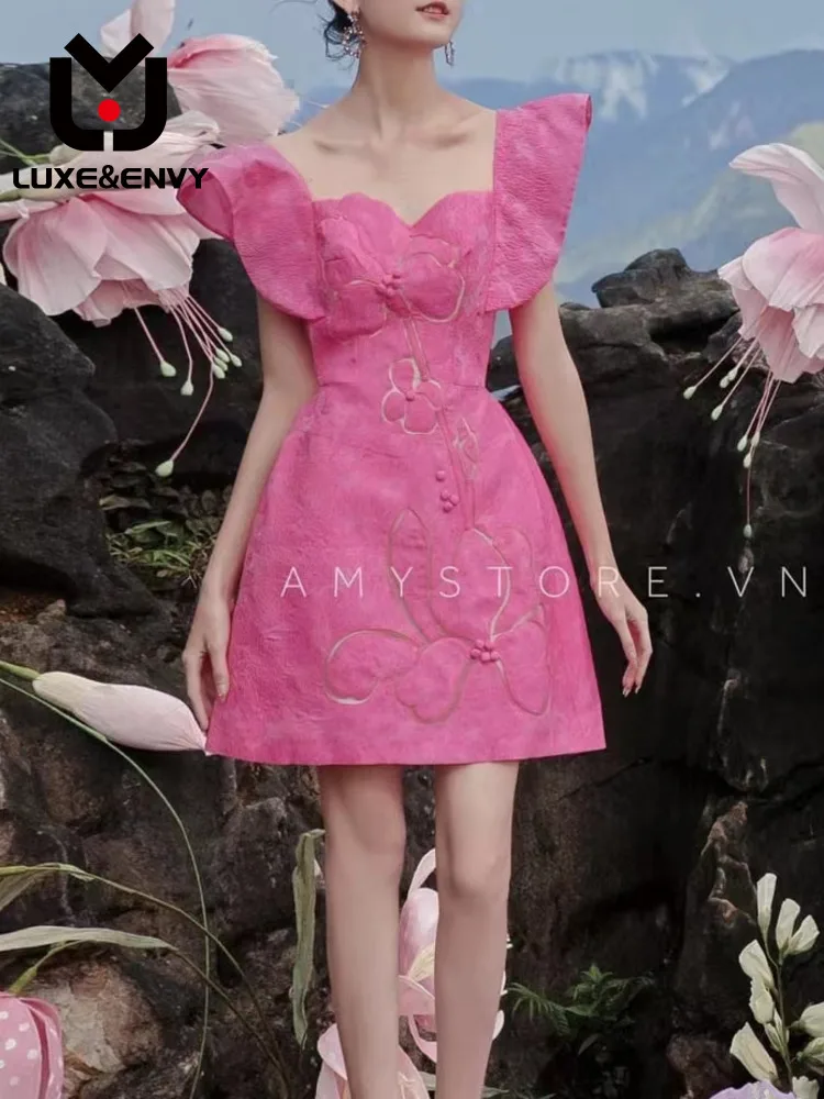 

Роскошное дизайнерское летнее розово-красное платье с квадратным вырезом и рукавом в цветочек