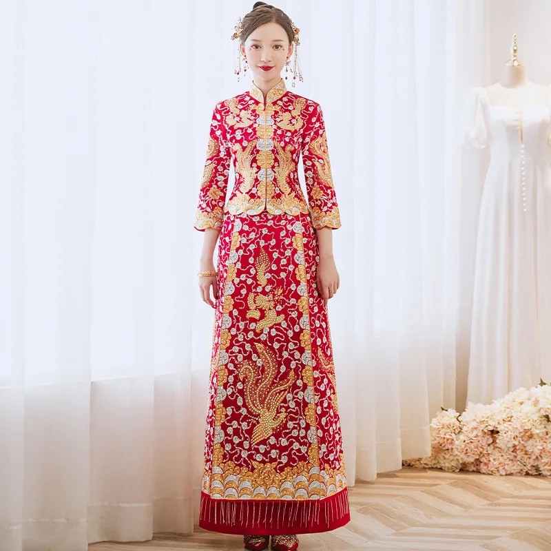 Exquisite Dragon Phoenix Embroidery Couple Wedding Dress Elegant Mandarin Collar Chinese Marriage Cheongsam Свадебное платье женщины жемчужные перчатки невеста свадьба свадебное платье перчатка