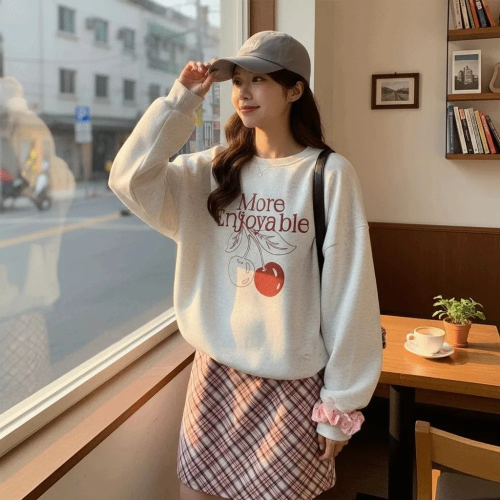 Printed Long Sleeve Fleece Top Sweet Cherry Loose Autumn Hoodie Top Girls Clothing Korean Ins Sweatshirts for Women Holiday