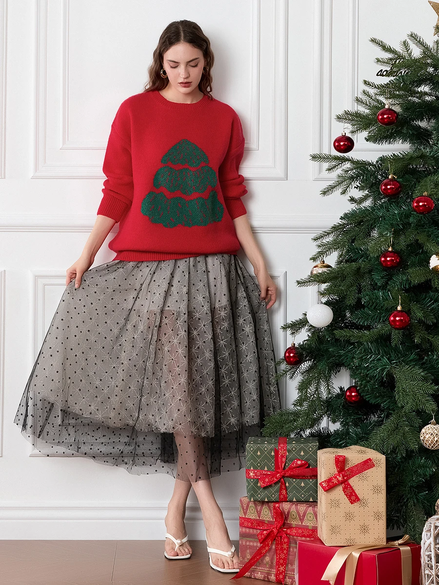 thumbnail image 5 of Suéter de árbol de Navidad para mujer, rojo/verde, hombros caídos, manga larga, cuello redondo, suéteres de punto sueltos acanalados, prendas de punto de invierno, 5 of 5