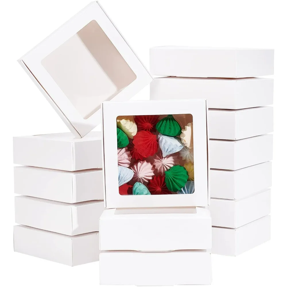 Clear PVC Square Window Gift Boxes White Kraft Paper Present Packing Boxes for Party Favor Treats Cookies Small Gifts or Crafts