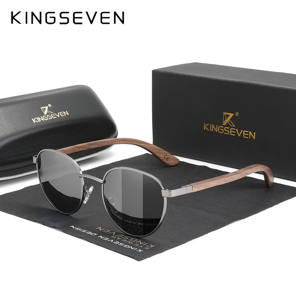KINGSEVEN 패션 수제 블랙 월넛 우드 선글라스, 편광 미러 렌즈, 남성 UV400 운전