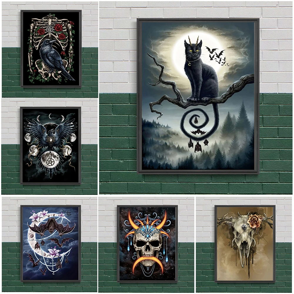 Gothic Dark Full Moon,Deer Skull,Raven Print Art Canvas Poster Per Soggiorno Decor Home Wall Picture