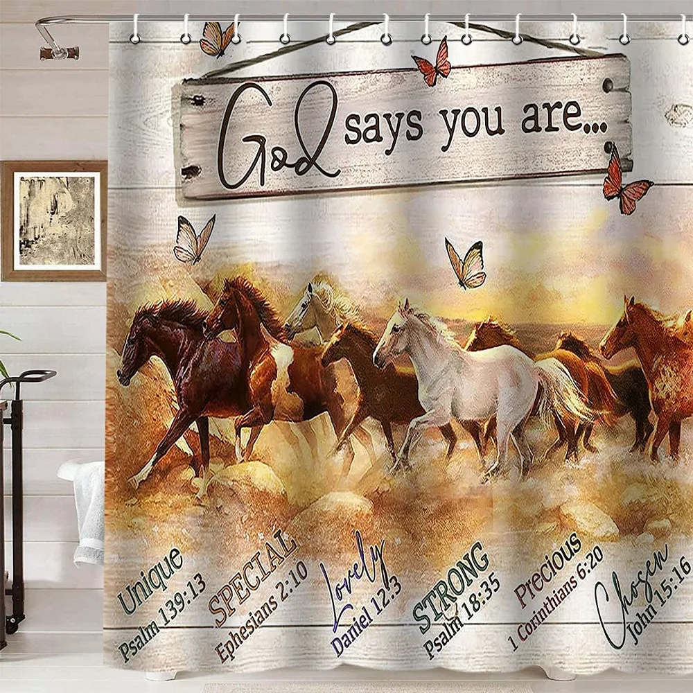 Western Horse Shower Curtain Butterfly Animals Wild West Country White Rustic Wooden Board Waterproof Bath Curtain Bathroom Deco