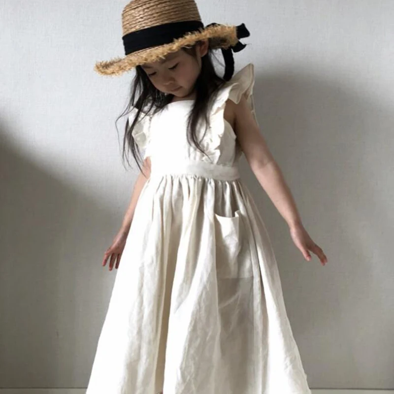 

Summer Baby Flying Sleeve Dress 2024 Kids Clothes Girls Dresses Babies Pocket Cotton Linen Children's Clothing Kid's Party Dress