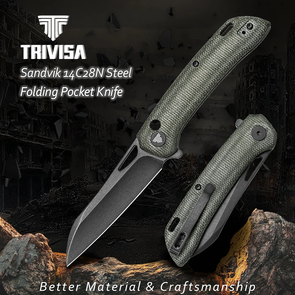 

TRIVISA Knives，Folding Pocket Knife for Men with Clip to Camping EDC Tool，3.54“ 14C28N Steel PVD Blackwash Blade，Micarta Handle