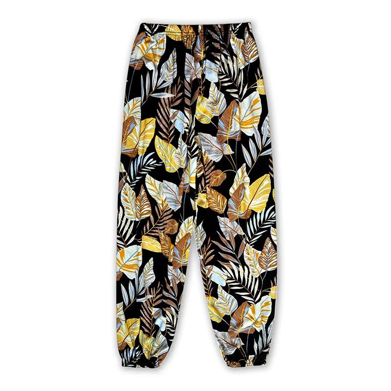 سراويل نوم فضفاضة واسعة الساق للنساء ، سراويل كاجوال عصرية ، ورقة صفراء ، بنطلون فانوس ، الصيف