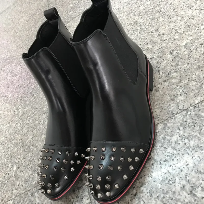 Chelsea Boots Black Rivet Punk Square Toe Slip-On Handmade Low-heeled Men Boots Business Men Shoes