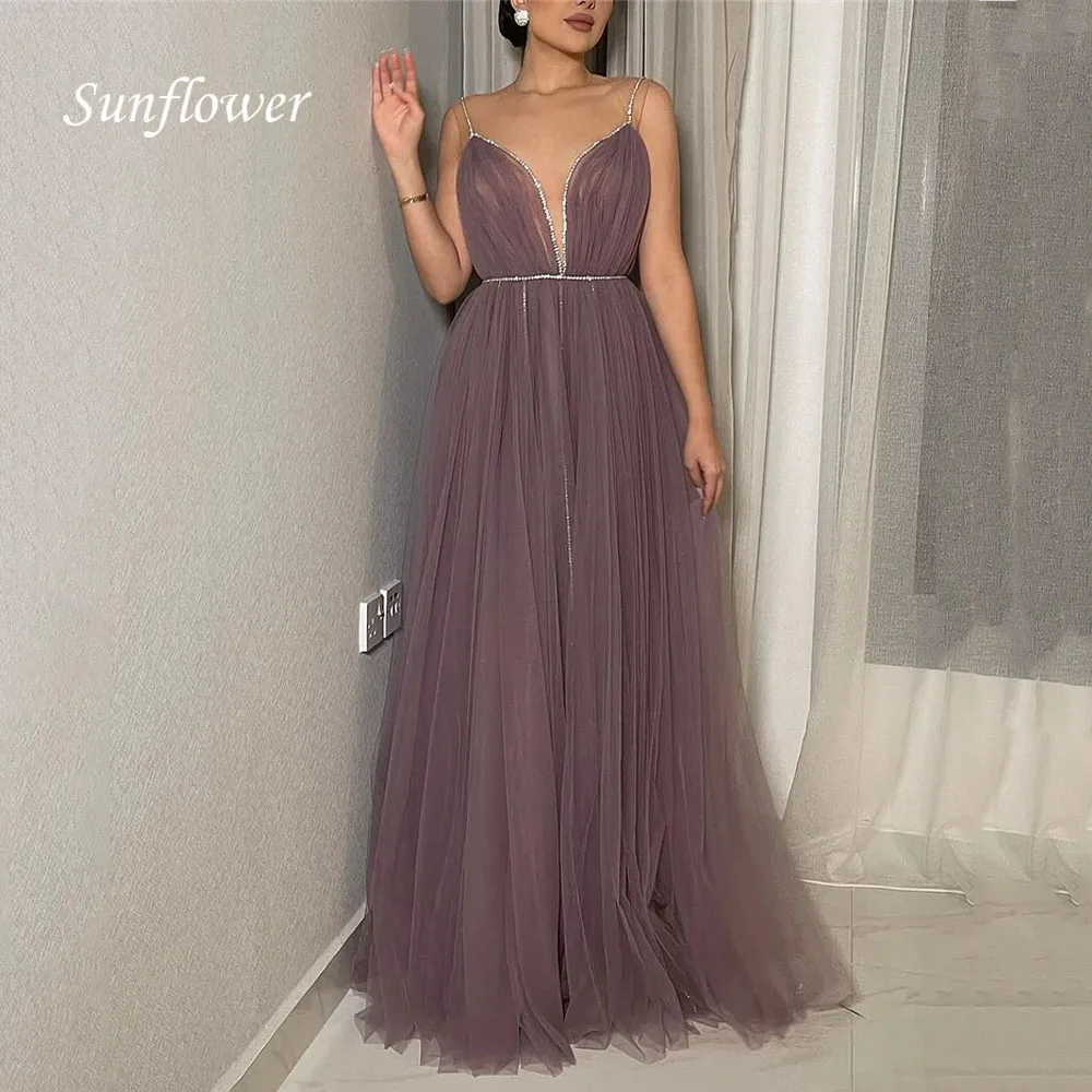 

Sunflower Deep V-Neck Beading Long A-LINE 2024 High Quality Slim Tulle Ocassion Gown Floor-Length Evening Dress فستان سهرة نسائي