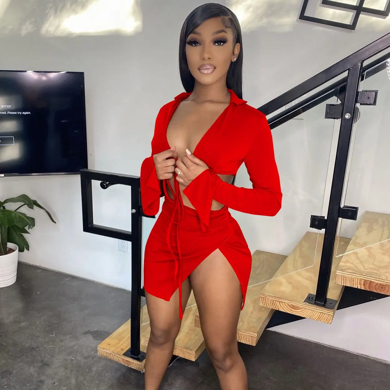 Beach Outfits for Women Summer Vacation Two Piece Set Outfit Swimsuit Long Sleeve Lace-up Crop Top Sexy Side Split Mini Skirts