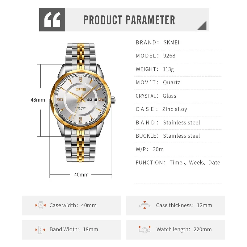 SKMEI Luxury Mens Watches Luminous Waterproof Stainless Steel Watch Quartz Man Date Calendar Business Wristwatch Male Clock 9268