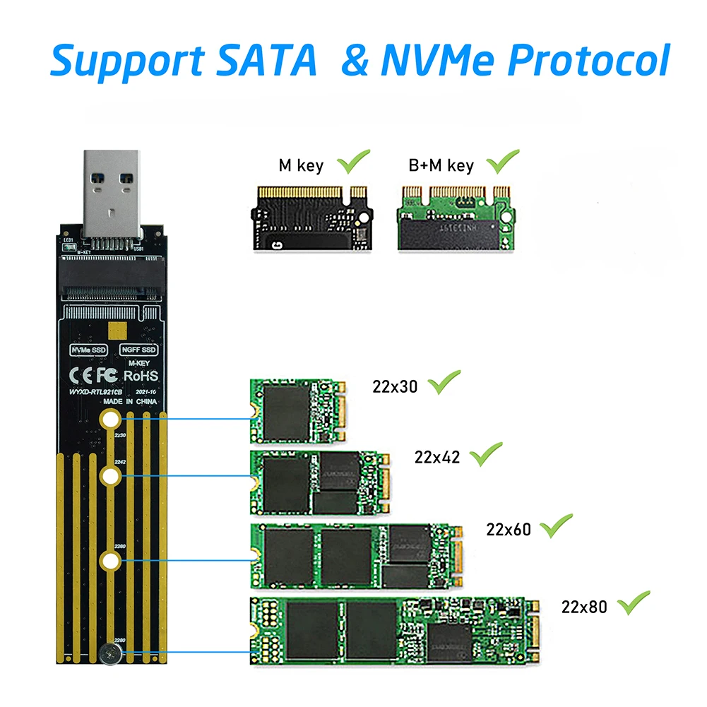 M.2 NVMe USB Adapter Dual Protocol NVMe SATA M2 SSD Board USB3.1 10gbps USB A Adapter Converter for M2 2230 2242 2260 2280 SSD hard drive adapter ssd adapter