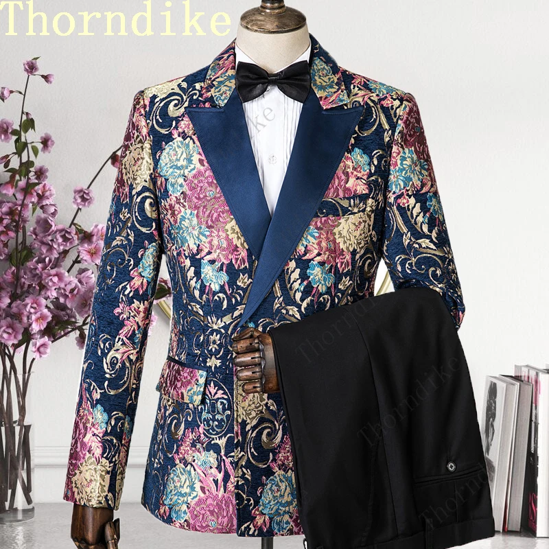 Mens Suit Groom Navy Blue Jacquard Tuxedos Men's Wear Wedding Party Groomsman (Jacket+Pant+Vest)