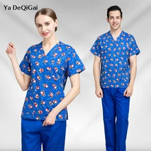 

Beauty Salon Work Lab Pet Shop Health Working Workers Doctor Clothes Medical Surgical Scrubs Tops New Cotton Print Scrub Shirt