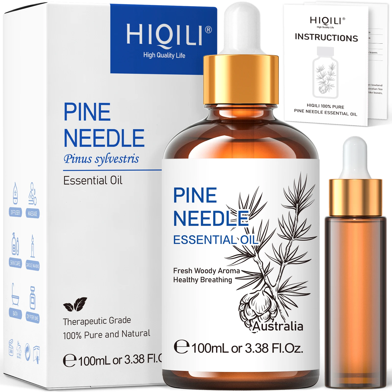 HIQILI 100ML aghi di pino oli essenziali, natura pura al 100% per aromaterapia, diffusore, umidificatore, massaggio, alleviare lo stress