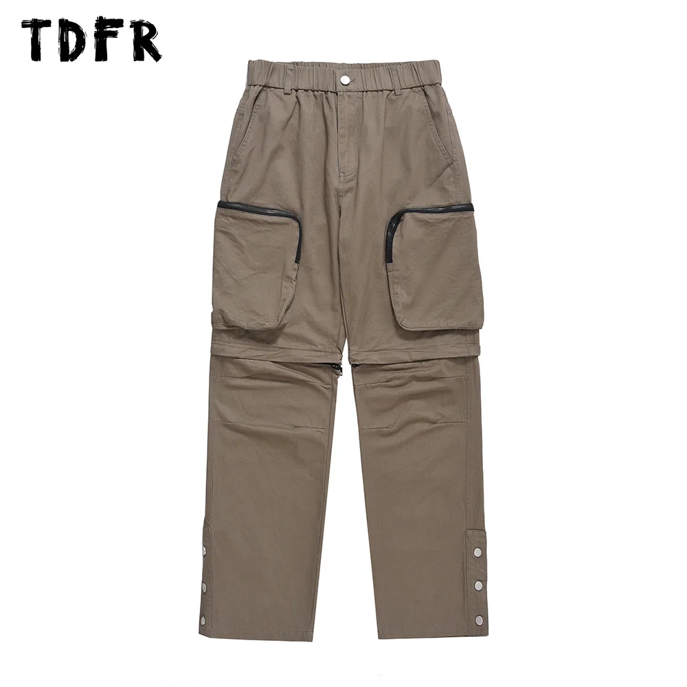 

Removable Solid Color Cargo Pants Mens Split-Hem Pocket Casual Streetwear Loose Elastic Waist Trousers Men