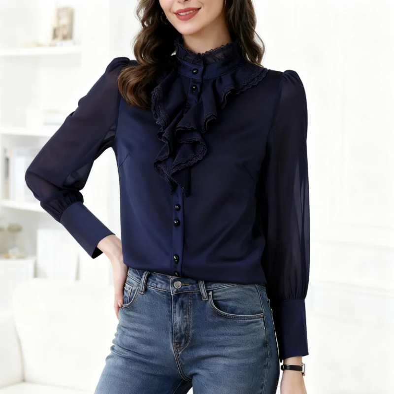 Dark Blue Chiffon Lace Long Sleeve Women Blouse