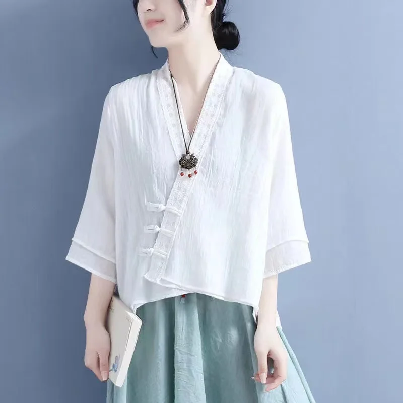 Women Chinese Shirt Linen Clothing Traditional Vintage Top Female Chinoiserie Summer Tang Suit