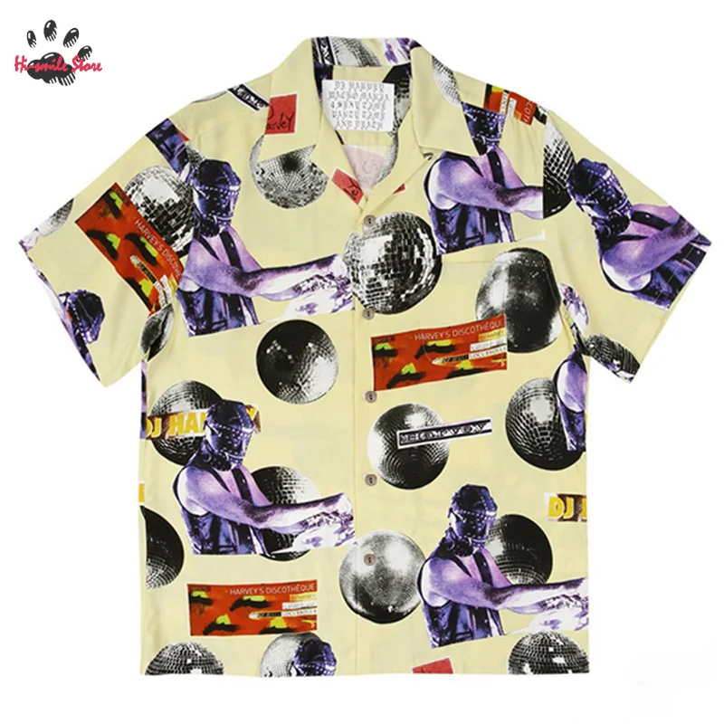 

Yellow Black Blue Pink Short Sleeve WACKO MARIA Lapel Buttons Shirts Men Woman Casual Hip Hop Hawaiian Top