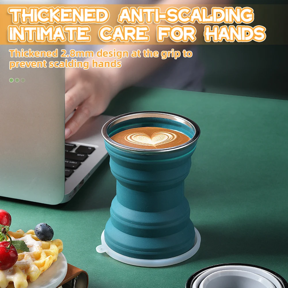 Folding Cup Portable Silicone Outdoor Heat Resistant Foldable Mug with Lid Collapsible Travel Drinking Cups for Camping