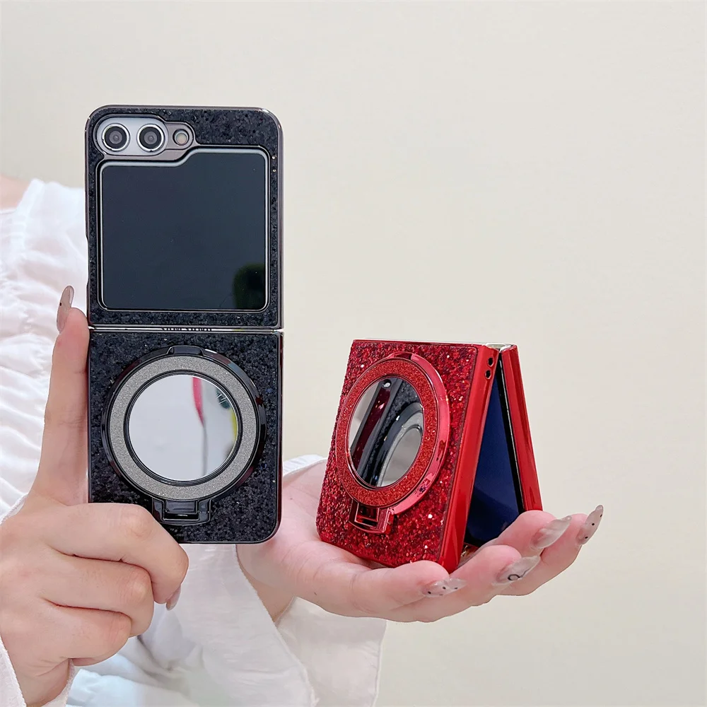Luxury Glitter Sequins Bling Magnetic Stand Phone Case with Make-up Mirror and Folding Bracket Cover
