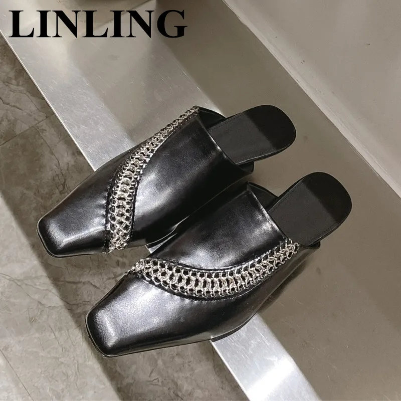 

2023 Summer Metal Chain Slippers Women Fashion Real Leather Square Toe Shoes Kitten Heel Mules Beach Slides Luxury Sandals Women