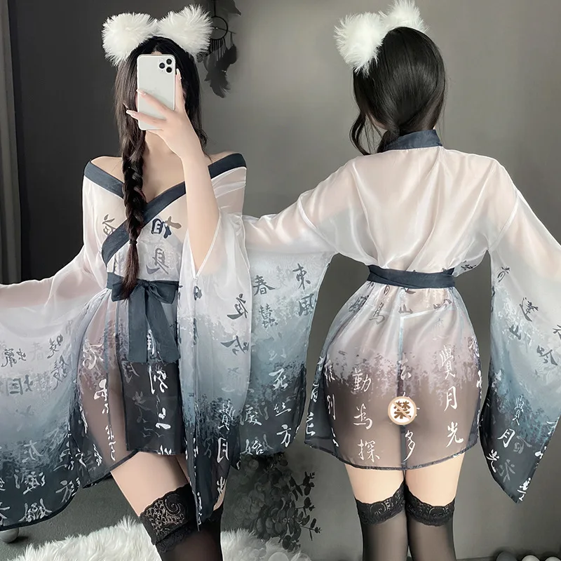 See Through Porno Kimono Women\'s Sexy Lingerie Perspective Bathrobe Pajama Temptation Nightwear Long Sleeve Robes Mesh Nightgown