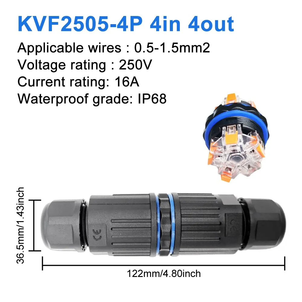 IP68 방수 케이블 커넥터, 빠른 연결 KVSF-15, 2 in 2 out, 2 3 4/5 핀, 전기 단자 어댑터, 와이어 커넥터