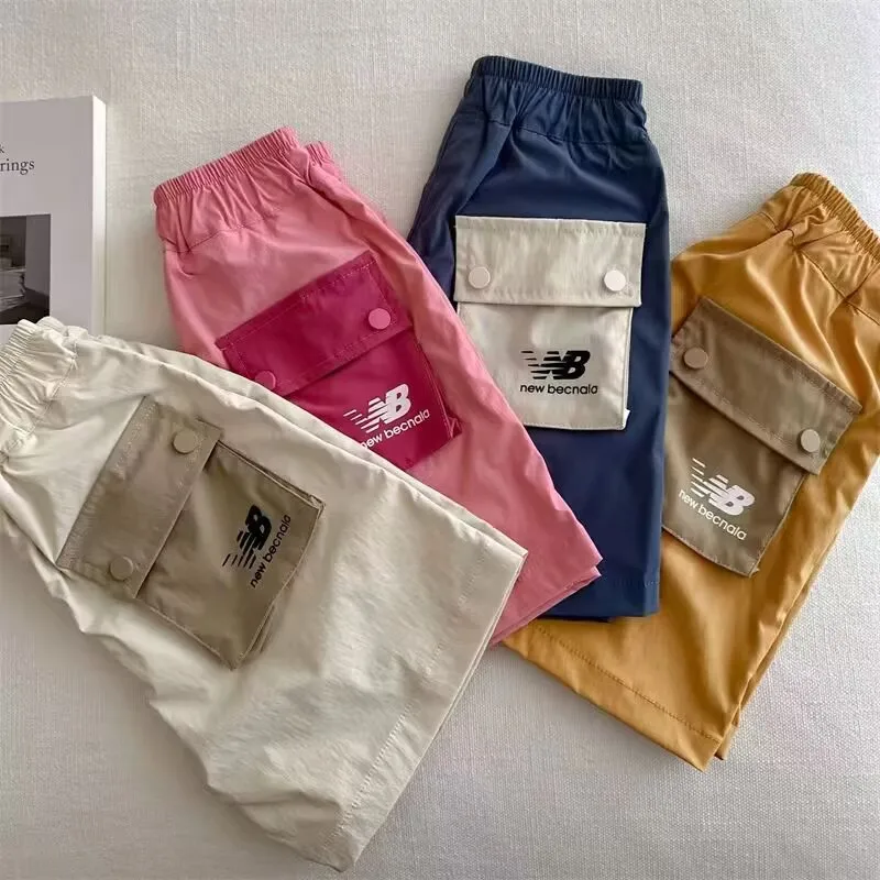 Korean Summer Boys and Girls Comfortable Pure Cotton Contrast Work Clothes Pocket Casual Quick Drying Sports Split Shorts