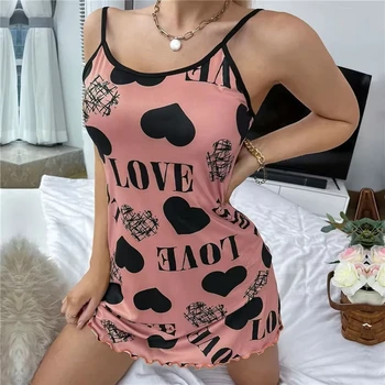 Summer New Women's Nightgown Beauty Back Thin Section Of Home Wear Sexy Halter Short Skirt Love Cartoon Cute Printing Pajamas 6