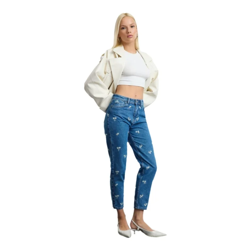 Trendyol TYZA Women's Jeans Beltless Plain Denim Mom Pocketless Casual Straight Leg Jeans Casual Pants Denim 3