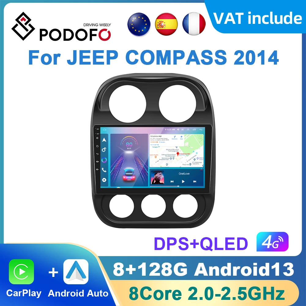 Podofo Ai Voice Android Carplay Autoradio Per Jeep Compass 2014 Android Auto 4G Lettore Multimediale Navigazione Gps Radio Rds