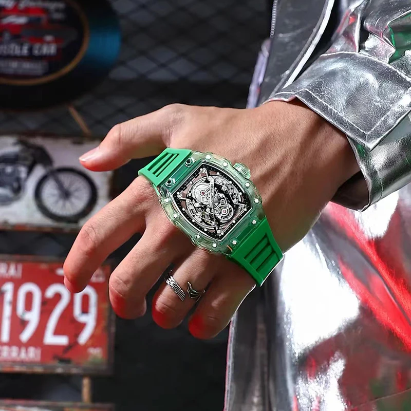 AILANG Men's Automatic Mechanical Watch Sport Silicone Strap Waterproof Luminous Tonneau Design Skeleton Wrist Watch For Men_voghion.com