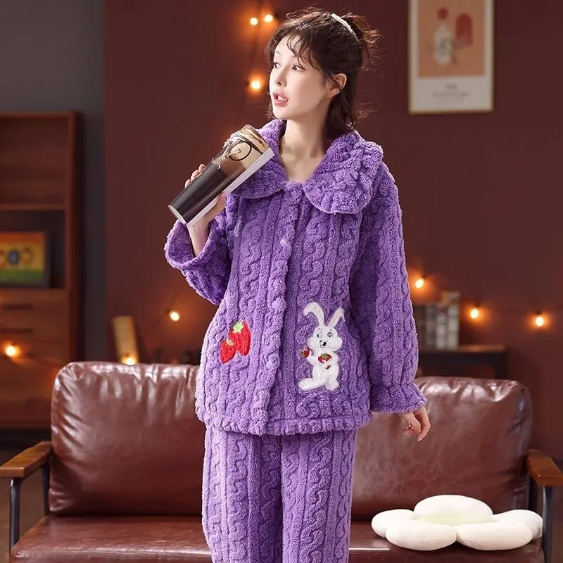 2024 New Outside Clothes Younger Pajamas Set Women's Autumn Winter Coral Velvet Loungewear Thicken Casual Fashion Sleepwear Suit