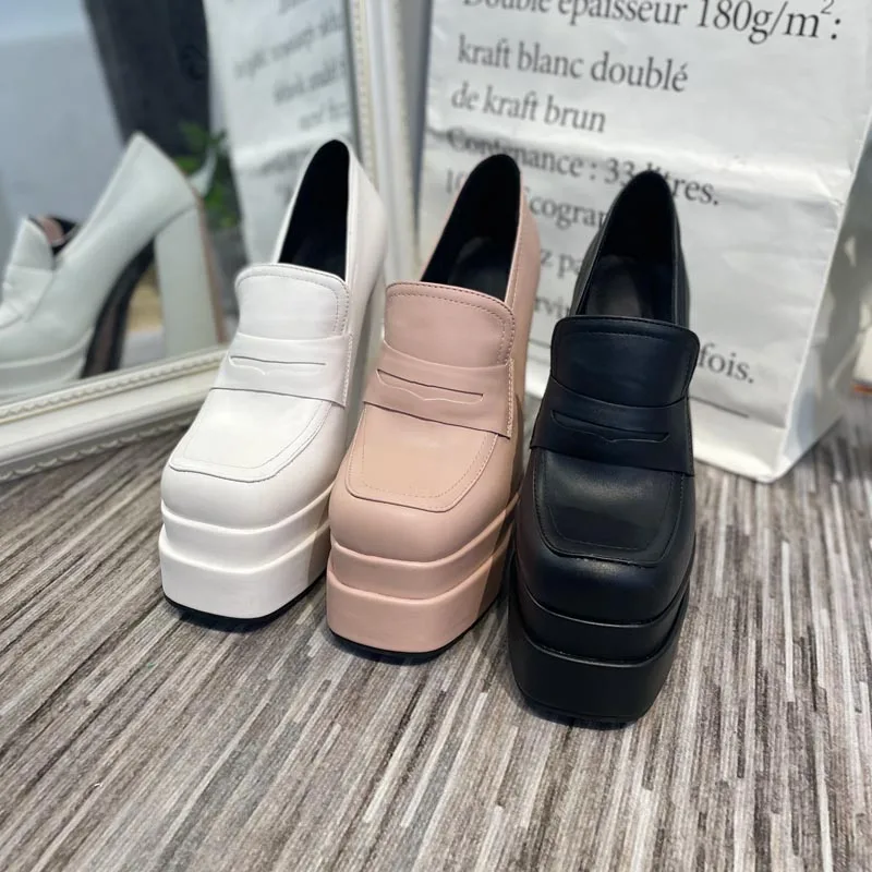 High Heel Platform Pumps For Women 2022 New Spring Solid Color PU Leather Square Toe Oversize Female Shoes With Rivet Decoration