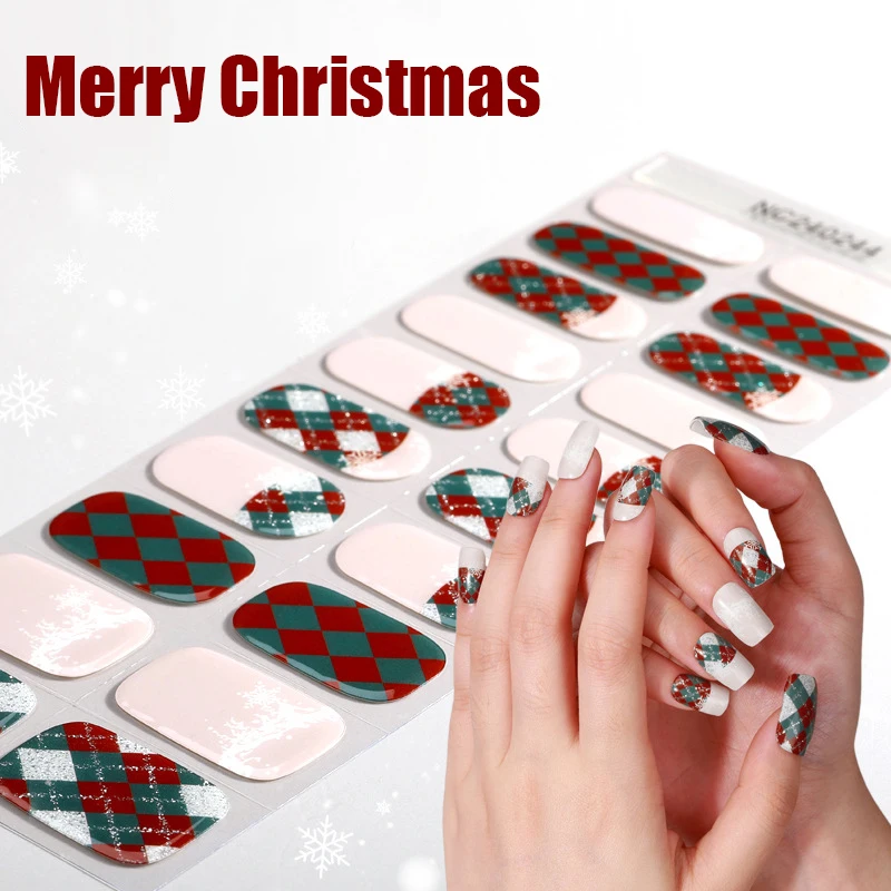 Christmas Semi Cured Nail Sticker UV Led Lamp Semi Cured Gel Design Nail Decals Waterproof Stickers Manicure 20/22tips Nail Stickers Nail Decals