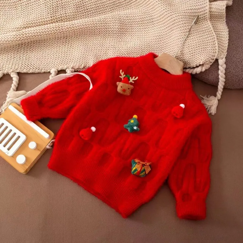 

Girls' Sweater Autumn/Winter 2024 New Latest Children's Winter Clothing Baby Red Christmas Knitted Top2 3 5 7 9 Y