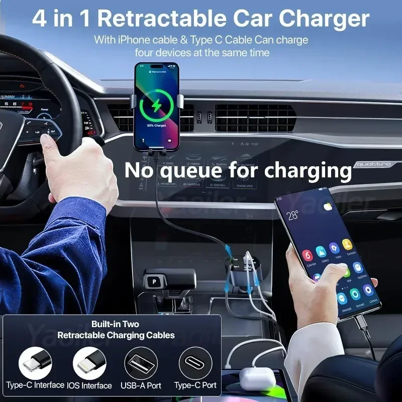 120W Retractable Car Charger with USB Type C Cable in Fast