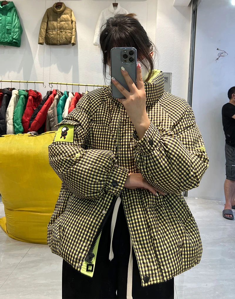 Korean Fashion Winter Short Lattice Jacket Women Bread Loose Stand Collar Female Down Parkas 90% White Duck Down Coats 2022 New
